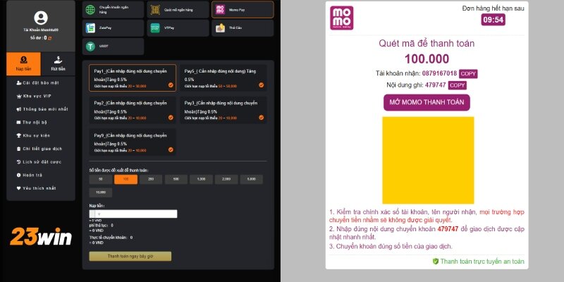 Nạp tiền đơn giản, nhanh chóng và an toàn tại 23Win